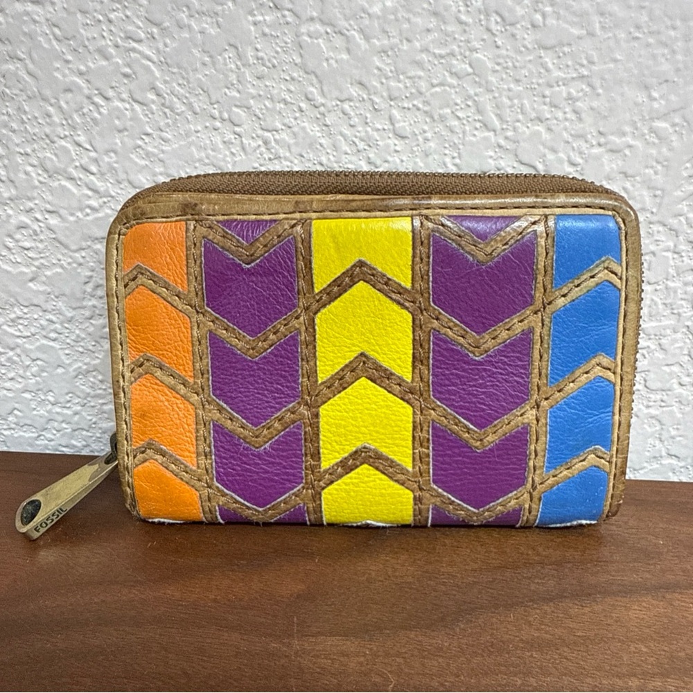 Vintage Fossil Leather Wallet Brown‎ Multi Color Chevron Stripe Zip Around
